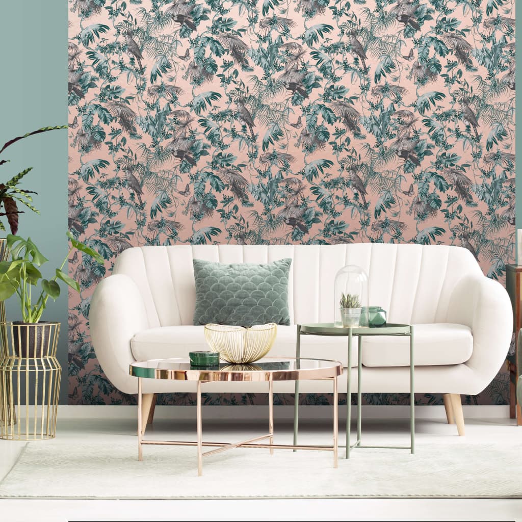 DUTCH WALLCOVERINGS Tapet blad och fåglar grön och rosa