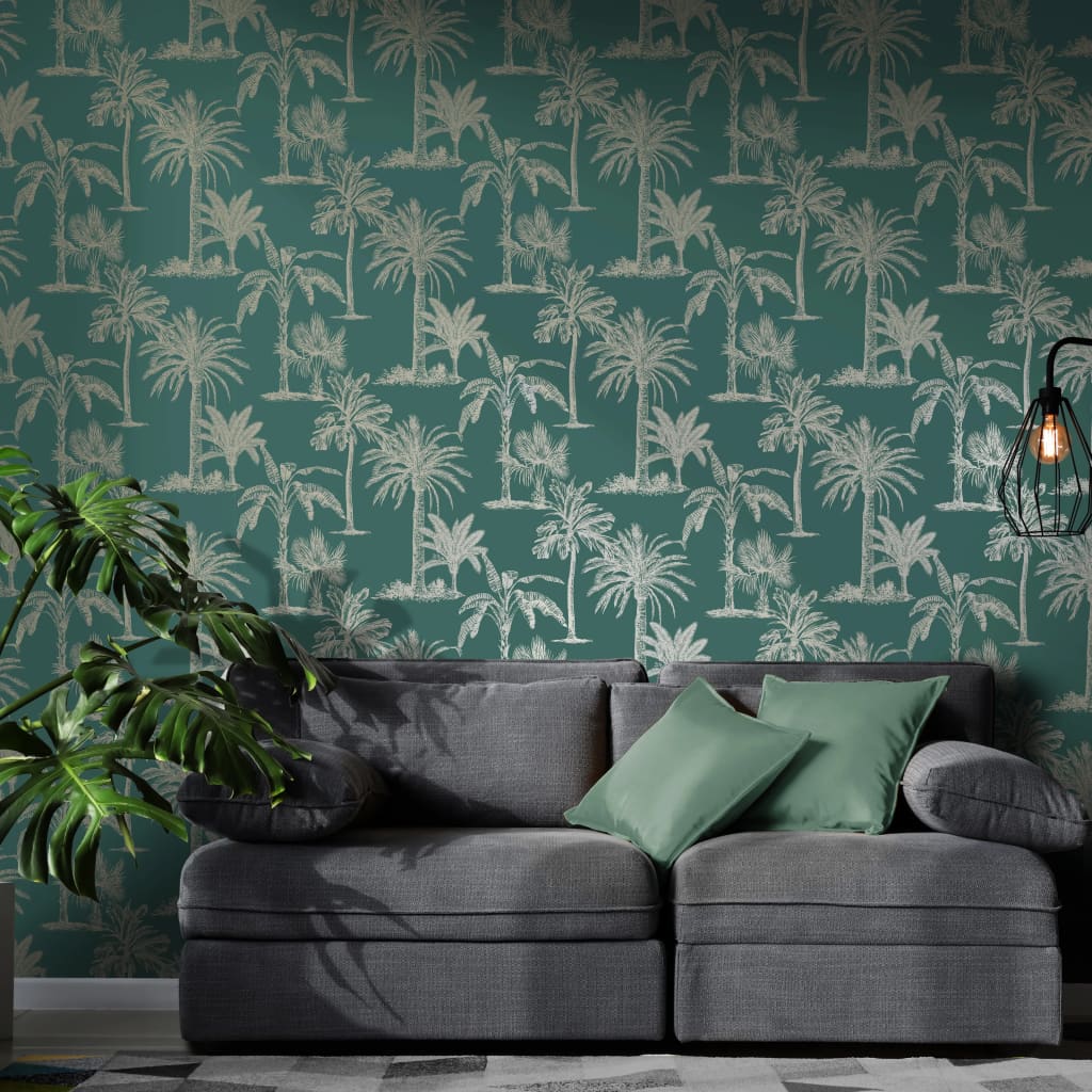 DUTCH WALLCOVERINGS Tapet tropiska träd blågrön och silver