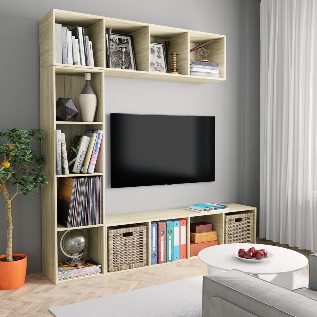 Bokhylla/TV-bänk 3 delar set sonoma-ek 180x30x180 cm