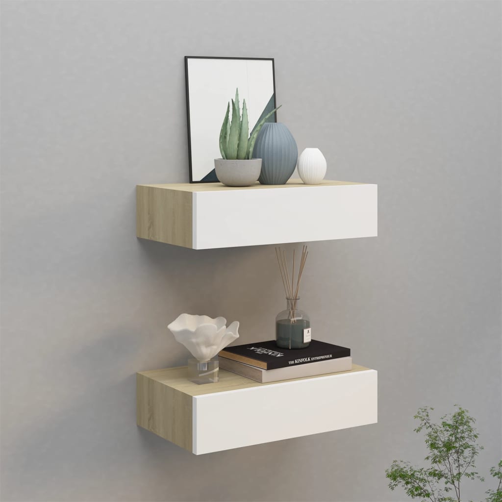 Vägglådor ek och vit 2 st 40x23,5x10 cm MDF