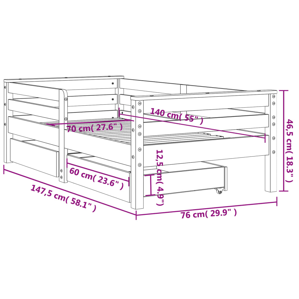 Sängram för barnsäng m. lådor 70x140 cm massiv furu - njoyroom