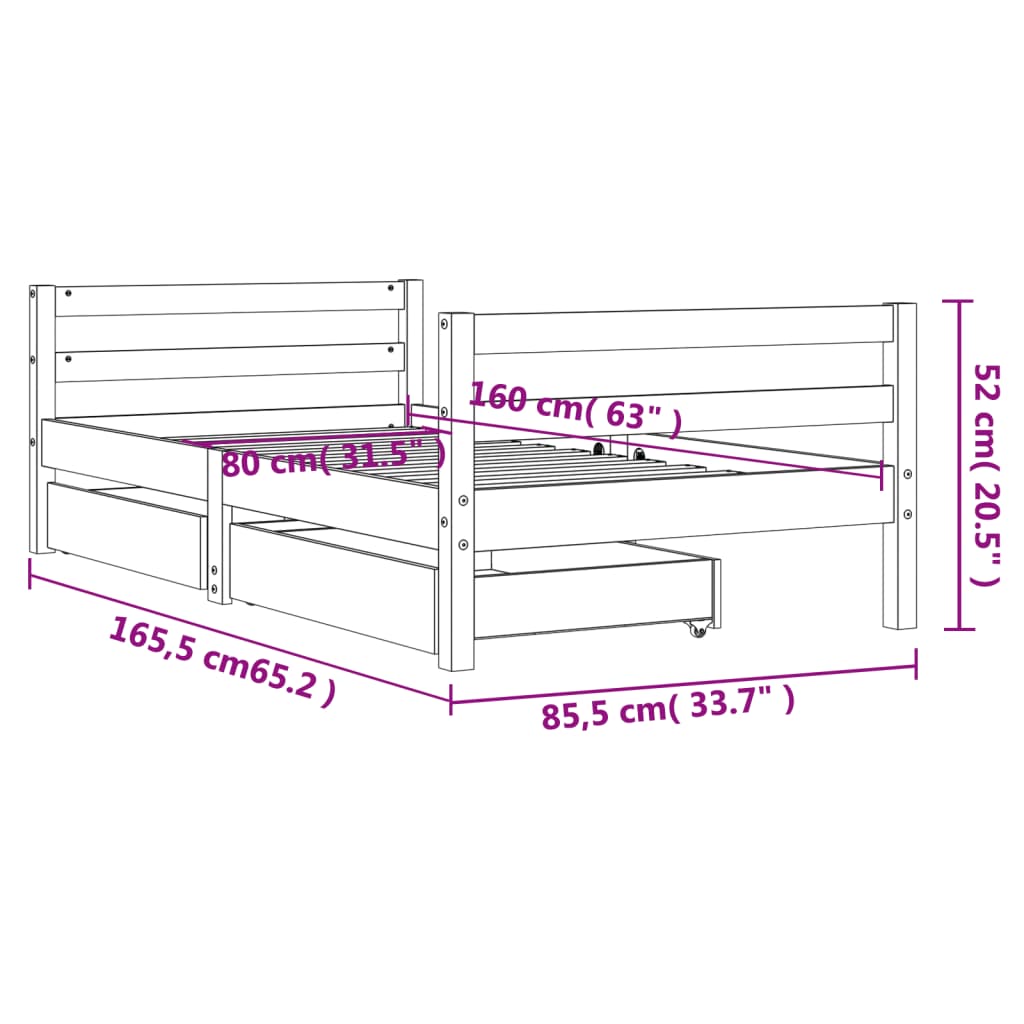 Sängram med lådor för barnsäng 80x160 cm massiv furu - njoyroom