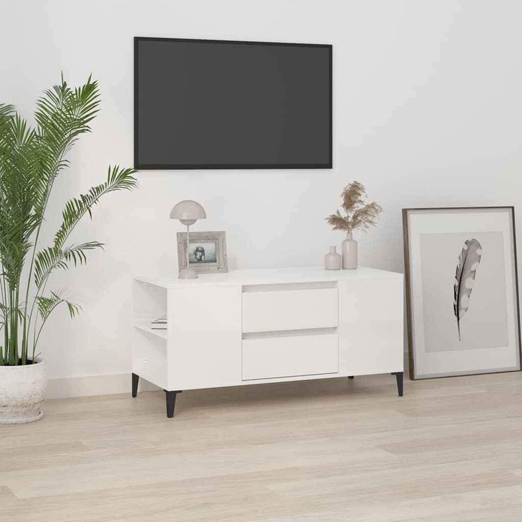 Tv-bänk vit högglans 102x44,5x50 cm konstruerat trä