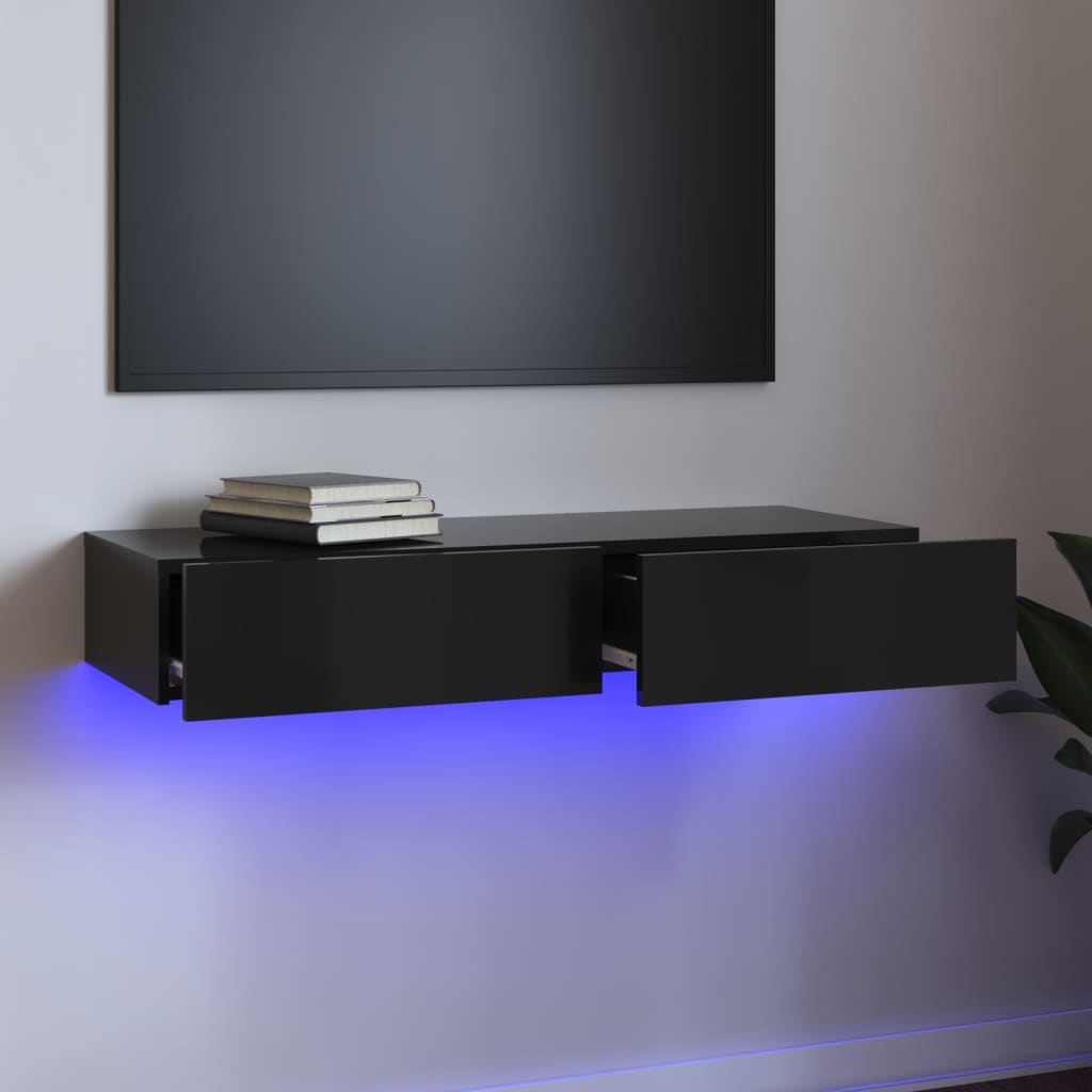 TV-bänk med LED-belysning svart högglans 90x35x15,5 cm