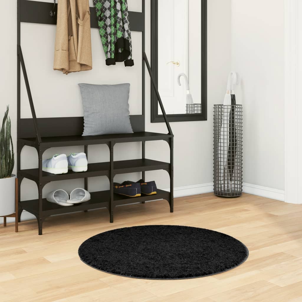 Ryamatta PAMPLONA lång lugg modern svart Ø 80 cm