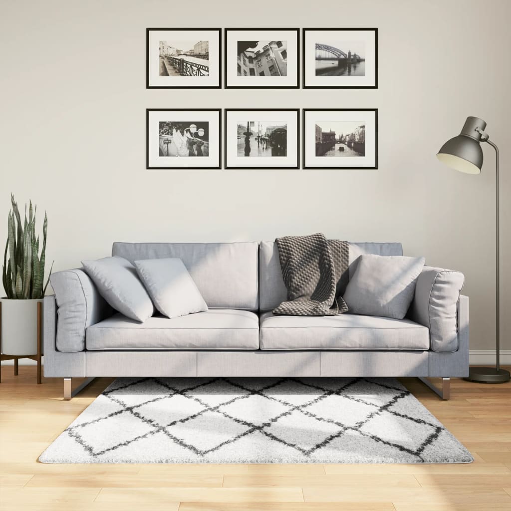 Ryamatta PAMPLONA lång lugg modern gräddvit & svart 120x120 cm