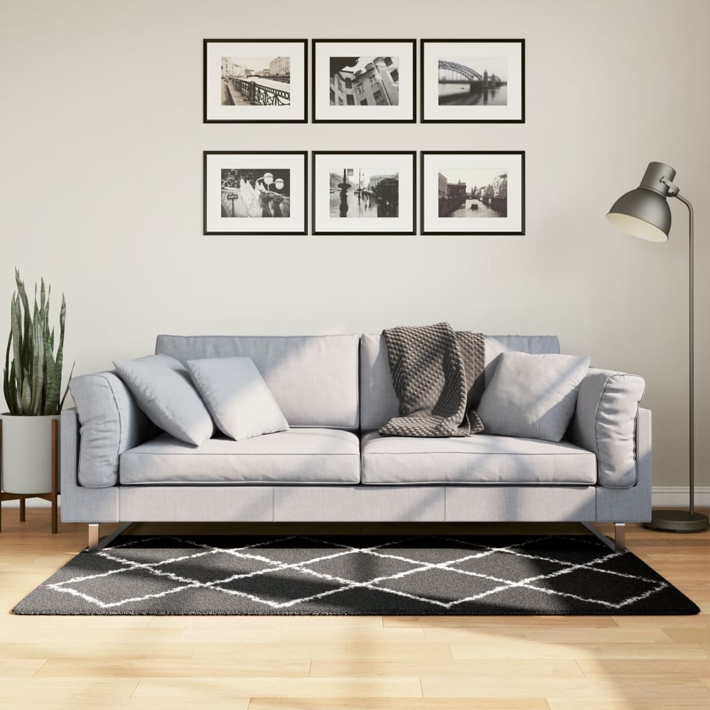 Ryamatta PAMPLONA lång lugg modern svart & gräddvit 80x150 cm