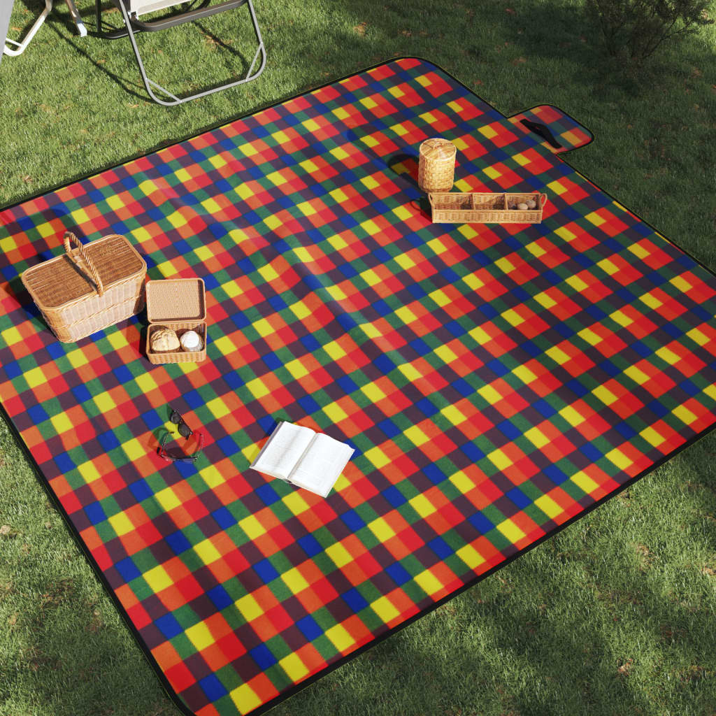 Picknickfilt vikbar flerfärgad pläd 200x200 cm sammet