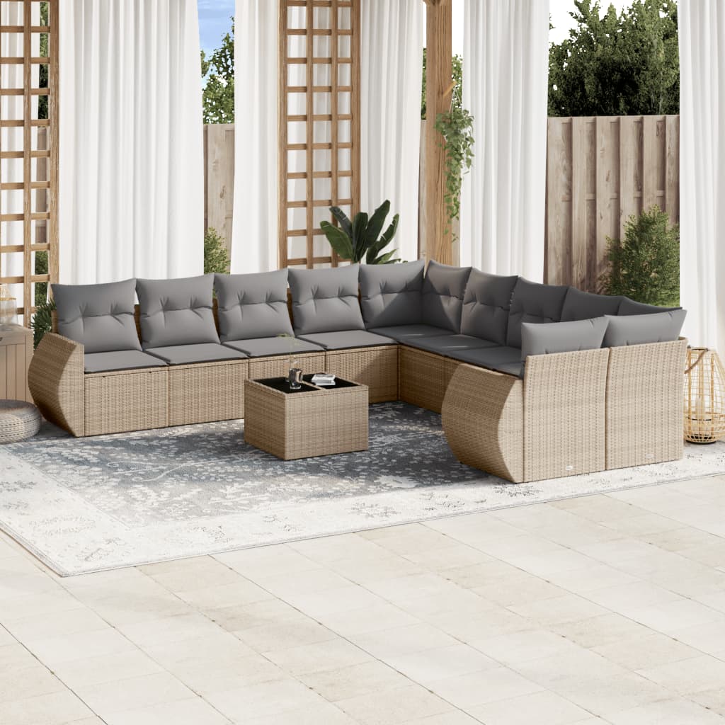 Loungegrupp för trädgården m. dynor 11 delar beige konstrotting