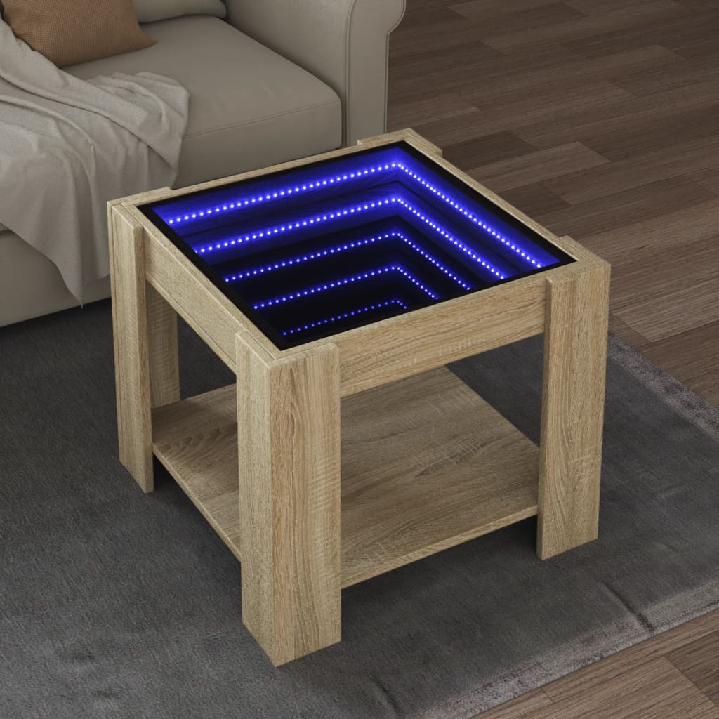 Soffbord med LEDs sonoma-ek 53x53x45 cm konstruerat trä